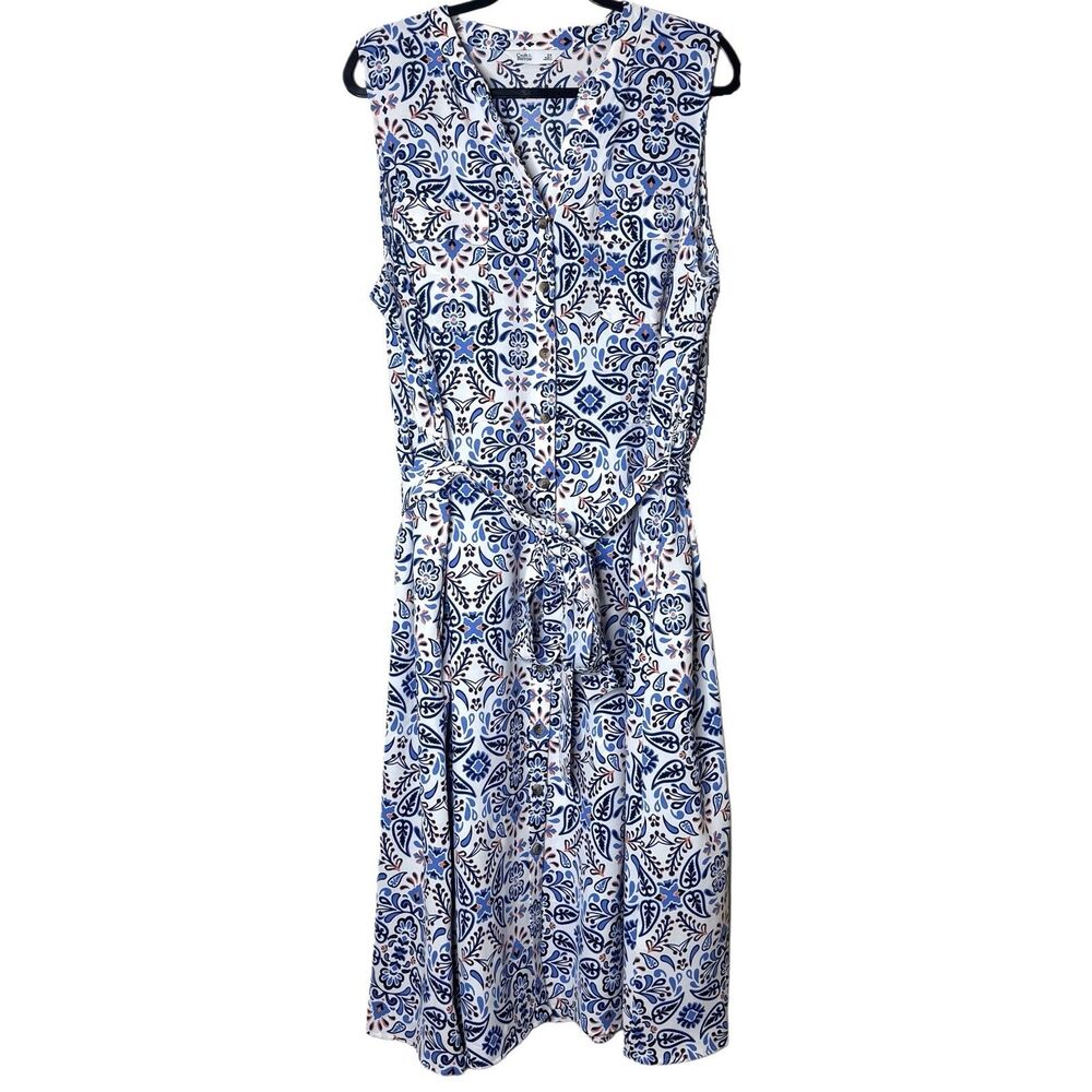 Croft & Barrow Women’s Sleeveless Midi Dress‎ 2X Blue White Floral Tie Waist